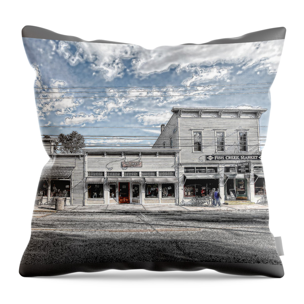Fish Creek Stores Throw Pillow featuring the photograph Fish Creek by Rod Melotte
