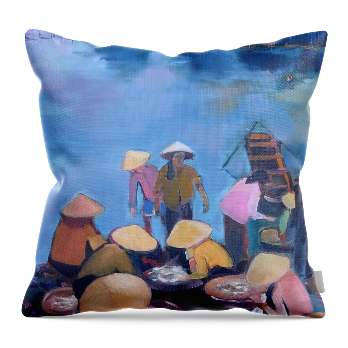 Halong Bay Throw Pillow featuring the painting Fish market in the early morning by Kim PARDON