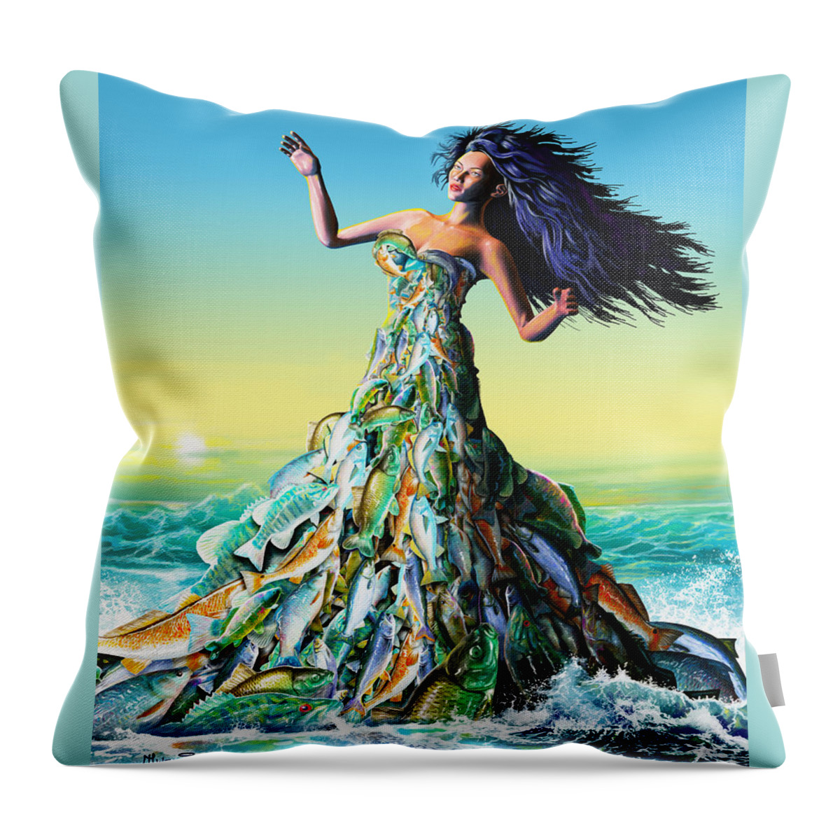 School Throw Pillow featuring the painting Fish Queen by Anthony Mwangi