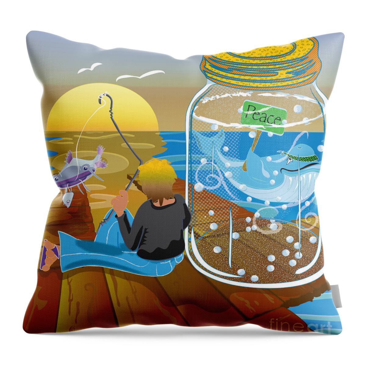 Fishing Throw Pillow featuring the digital art Fish Tales by Laura Brightwood