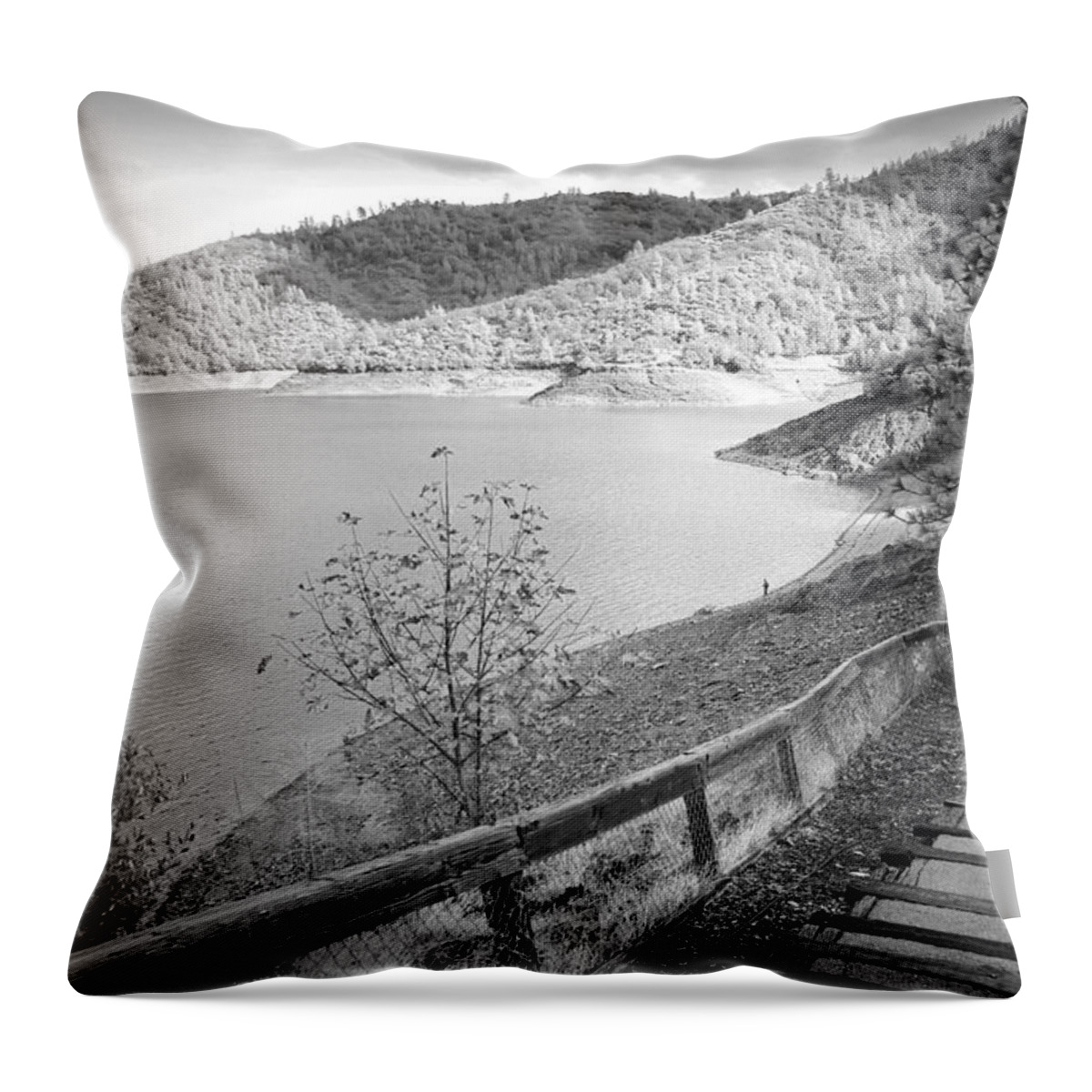 Shasta Throw Pillow featuring the photograph Fishermans Point Shasta Lake B and W by Joyce Dickens
