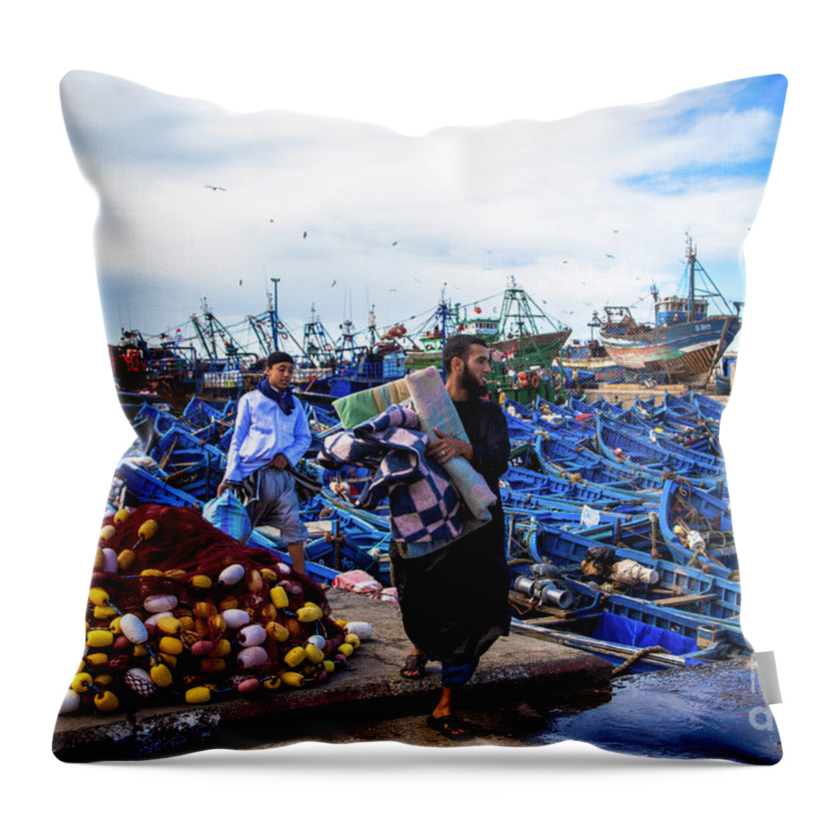 Fishing Boats Throw Pillow featuring the photograph Fishermen of Essaouira Marrakesh ii by Rene Triay FineArt Photos