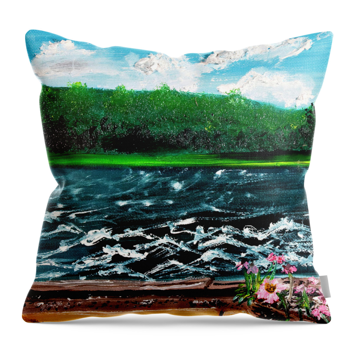 On A Beautiful Summer Day In 2013 Throw Pillow featuring the painting Fishing and Painting at Sippo Park by David Martin