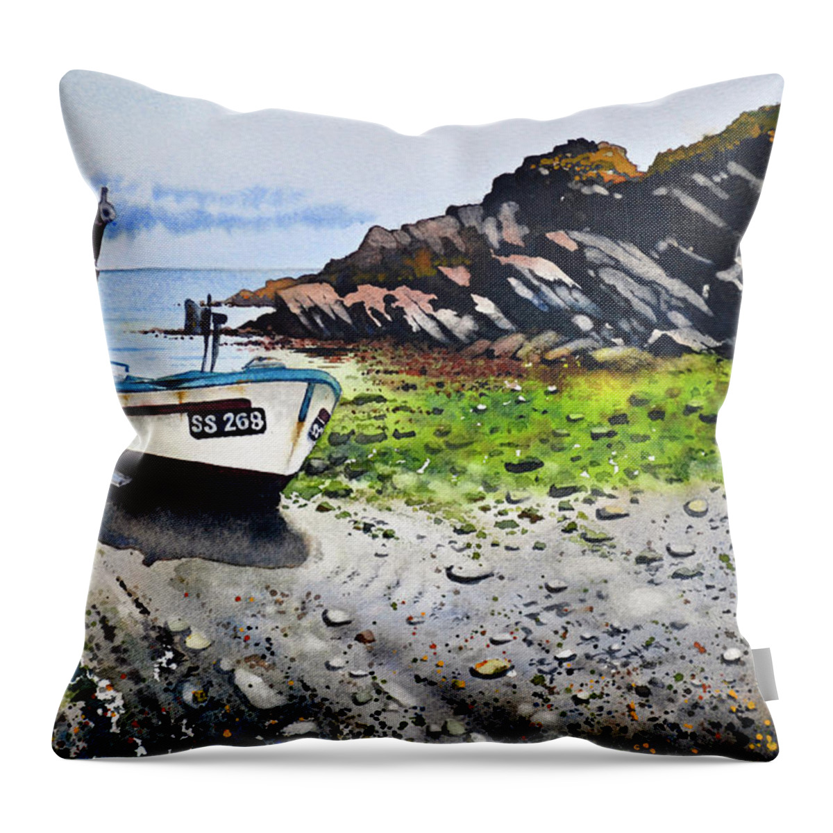 Tide Out Throw Pillow featuring the painting Fishing Boat Cadgwith by Paul Dene Marlor