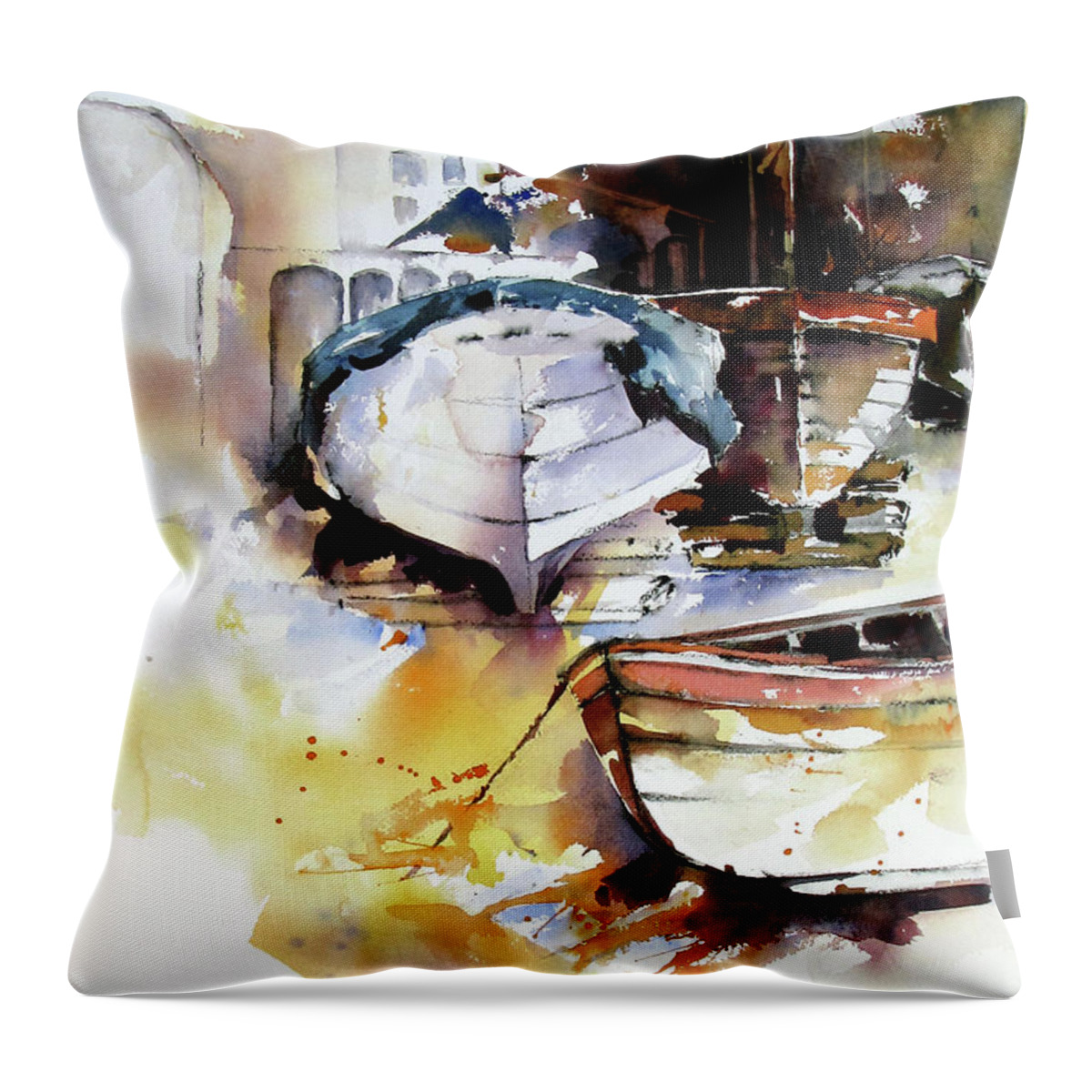 Boats Throw Pillow featuring the painting Fishing Boats by Rae Andrews