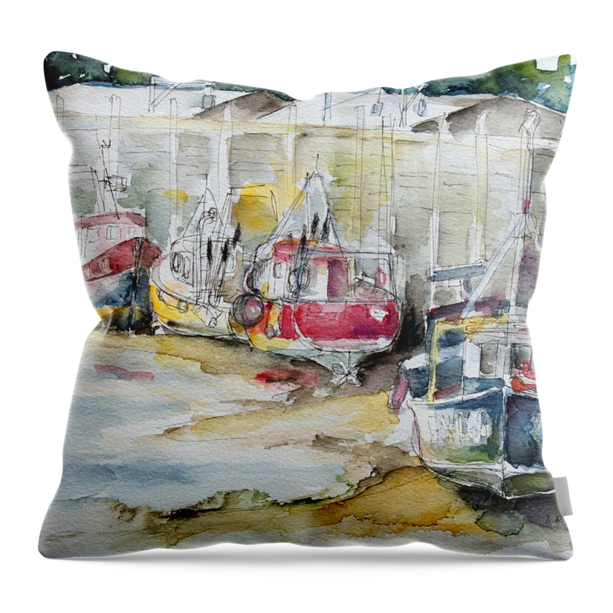 Summer Throw Pillow featuring the painting Fishing Boats Settled Aground During Ebb Tide by Barbara Pommerenke