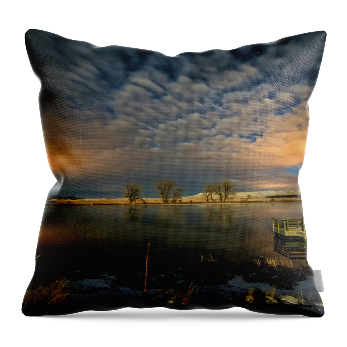 Pond Fishing_hole Night Stars Landscape Throw Pillow featuring the photograph Fishing Hole at Night by Fiskr Larsen