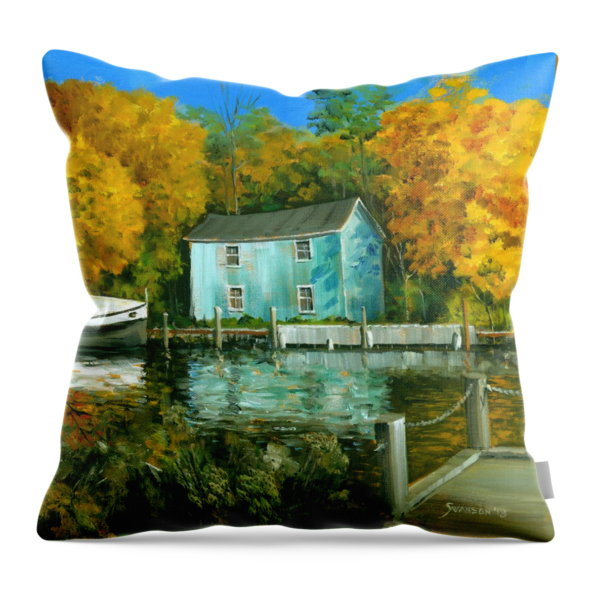 Landscape Throw Pillow featuring the painting Fishing Shanty by Michael Swanson