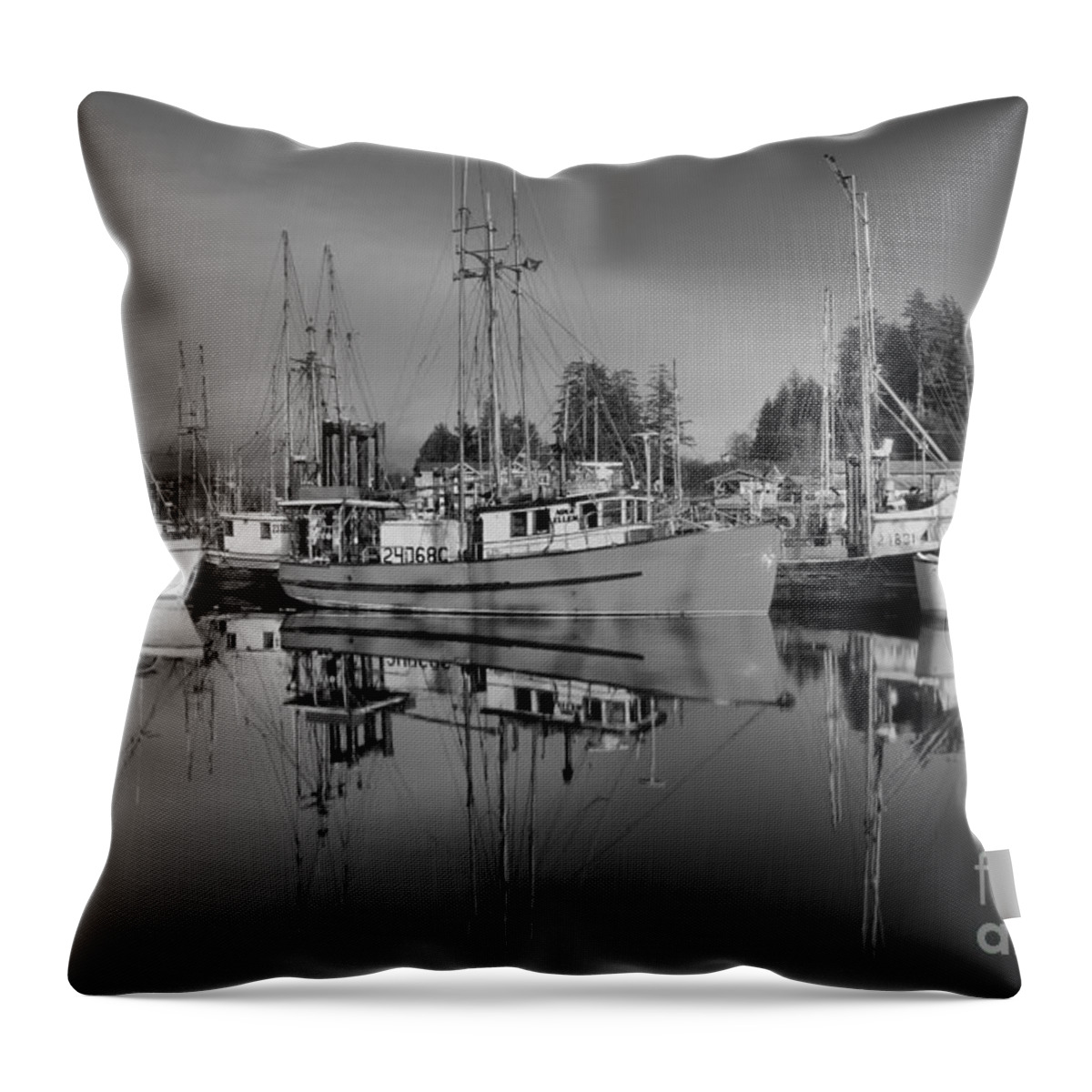 Commercial Fishing Throw Pillow featuring the photograph Fishing Vessels - Black And White by Adam Jewell