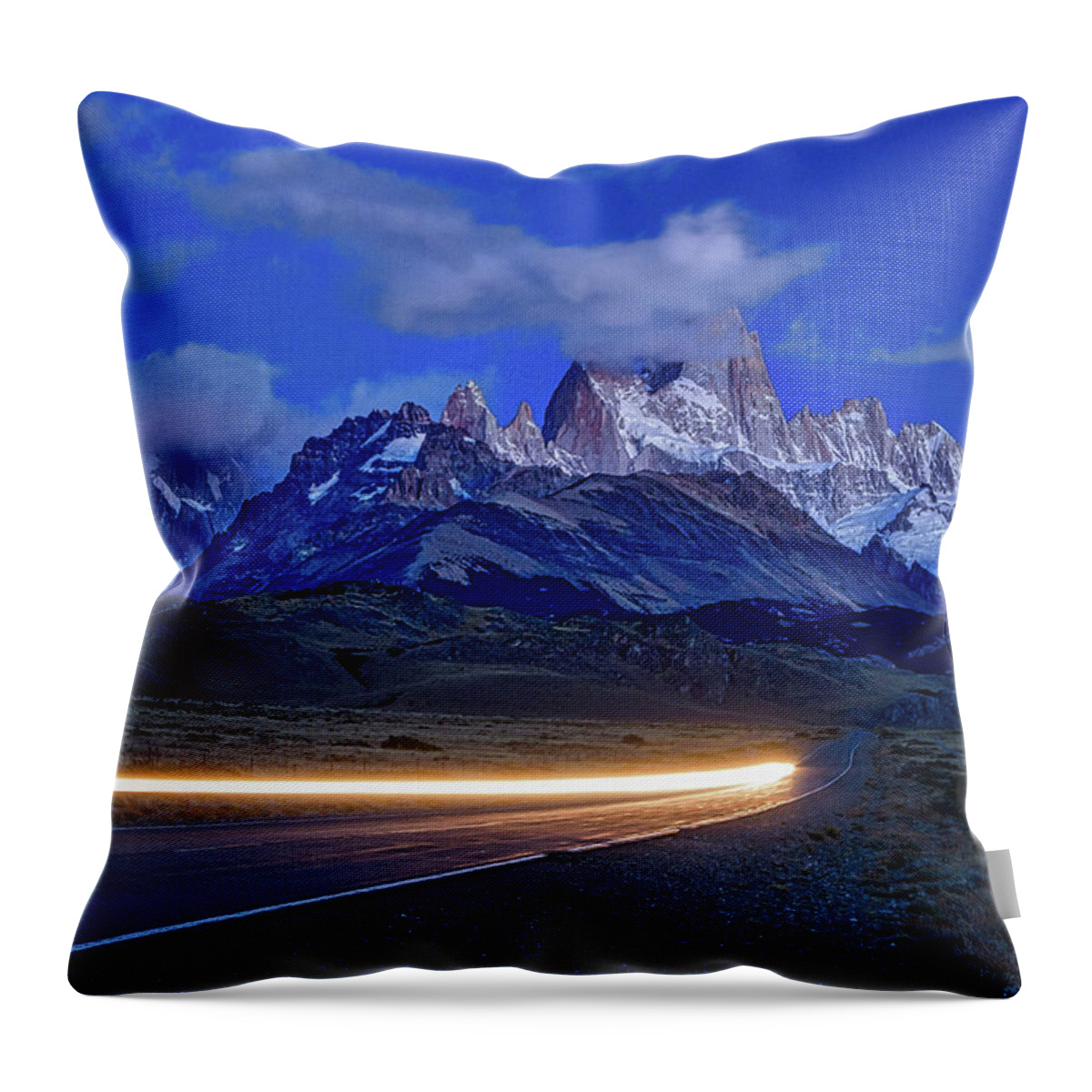 Patagonia Throw Pillow featuring the photograph Fitz Roy and Car Lights by Stuart Litoff