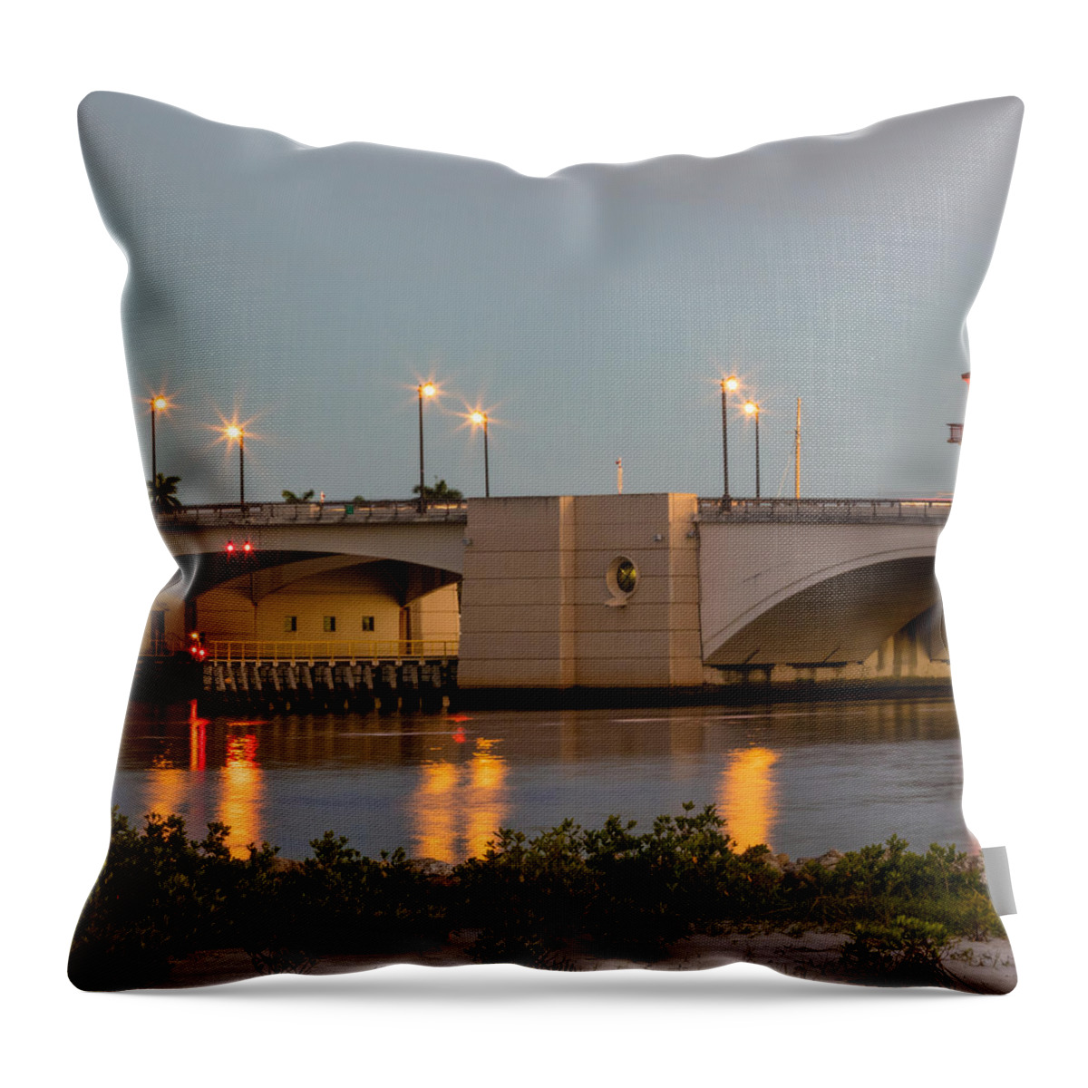 Boats Throw Pillow featuring the photograph Flagler Bridge in Lights III by Debra and Dave Vanderlaan