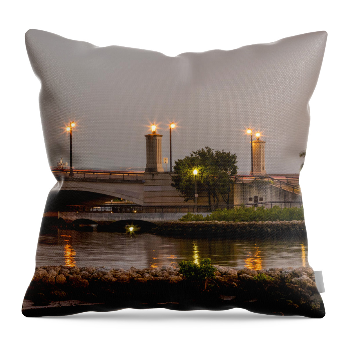 Boats Throw Pillow featuring the photograph Flagler Bridge in Lights V by Debra and Dave Vanderlaan
