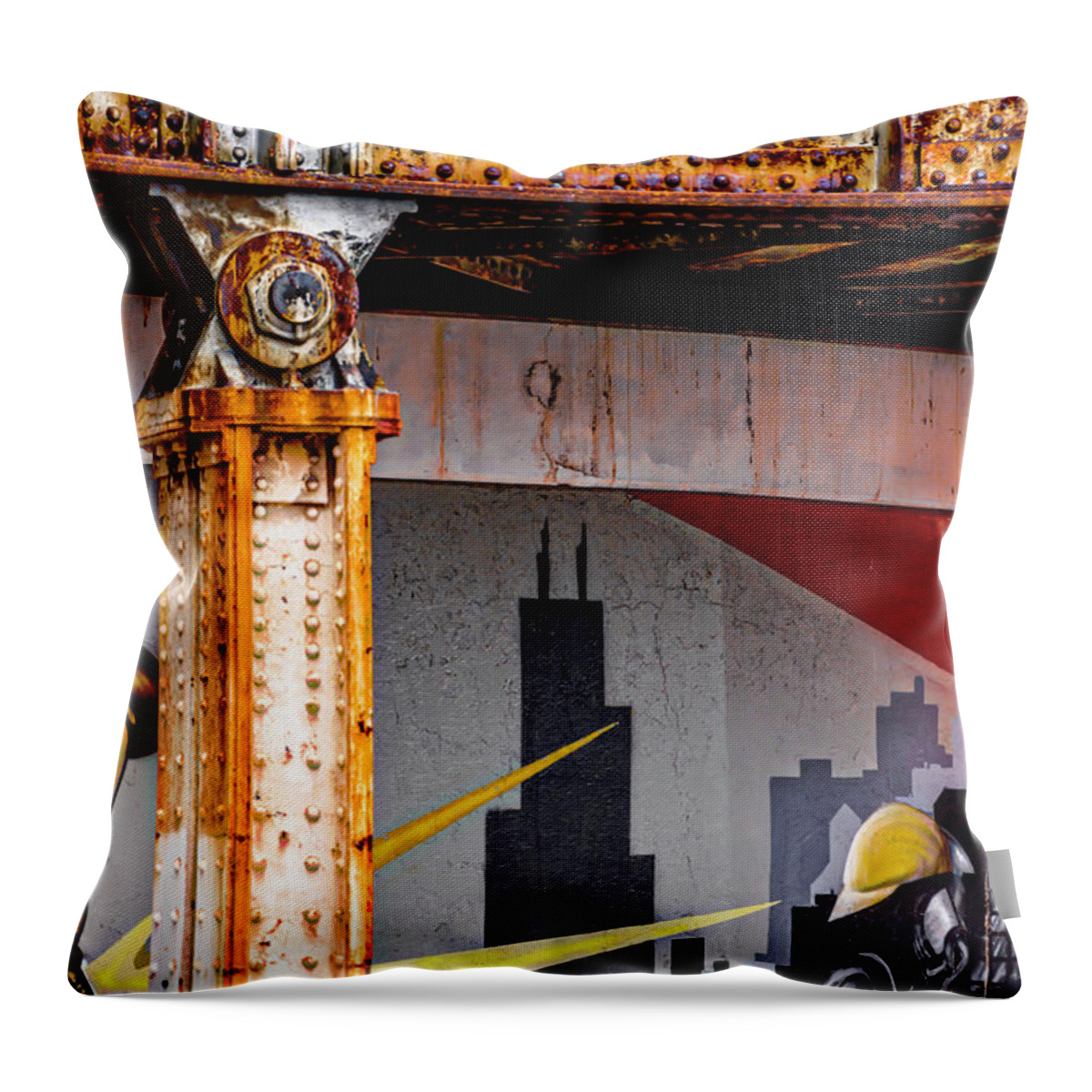 #chicago #architecture #downtown #abstract #design #art #photography #design #abstractarchitecturalphotography #firefighters #fireman Throw Pillow featuring the photograph FlairMax Industries Sponsors 2010 Chicago Fireman Mural v5 DSC_0613 by Raymond Kunst