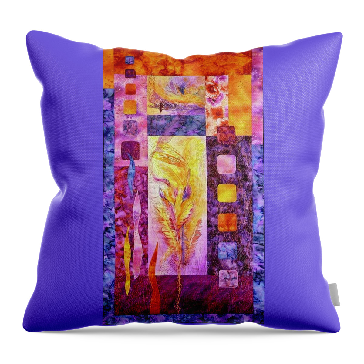Feathers Printed On Cotton Fabrics Throw Pillow featuring the tapestry - textile Flaming Feathers by Pat Dolan