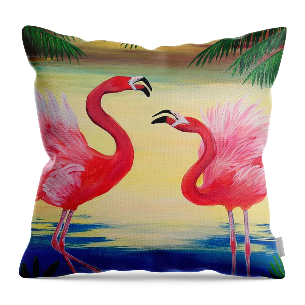 Pink Flamingo Throw Pillow featuring the painting Flamingo Courtship Dance by Pat Davidson