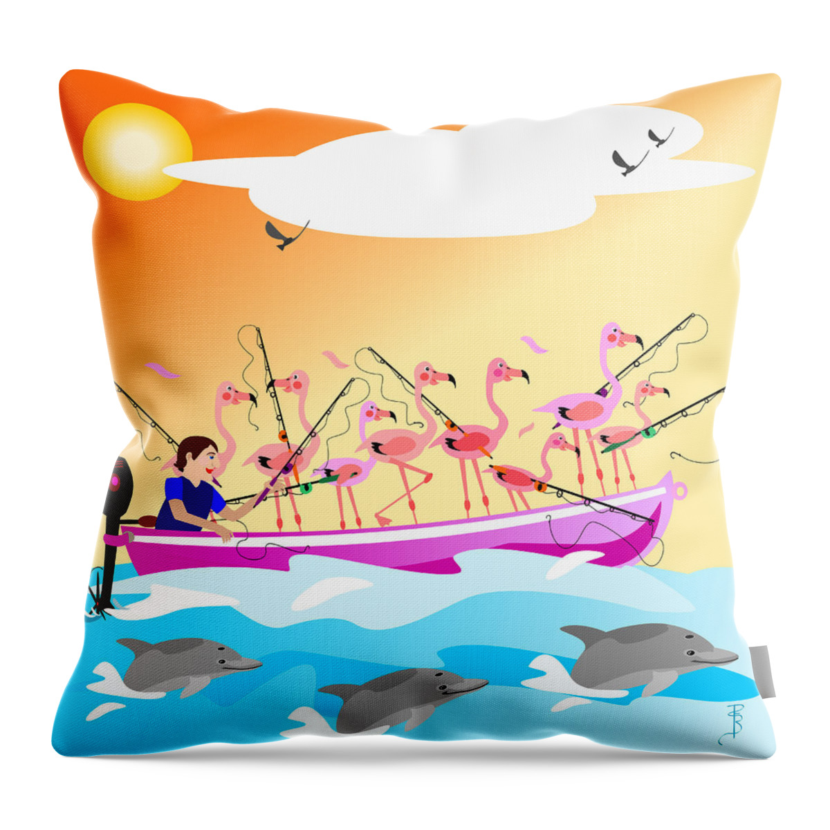 Flamingo Throw Pillow featuring the digital art Flamingo fishing by Debra Baldwin