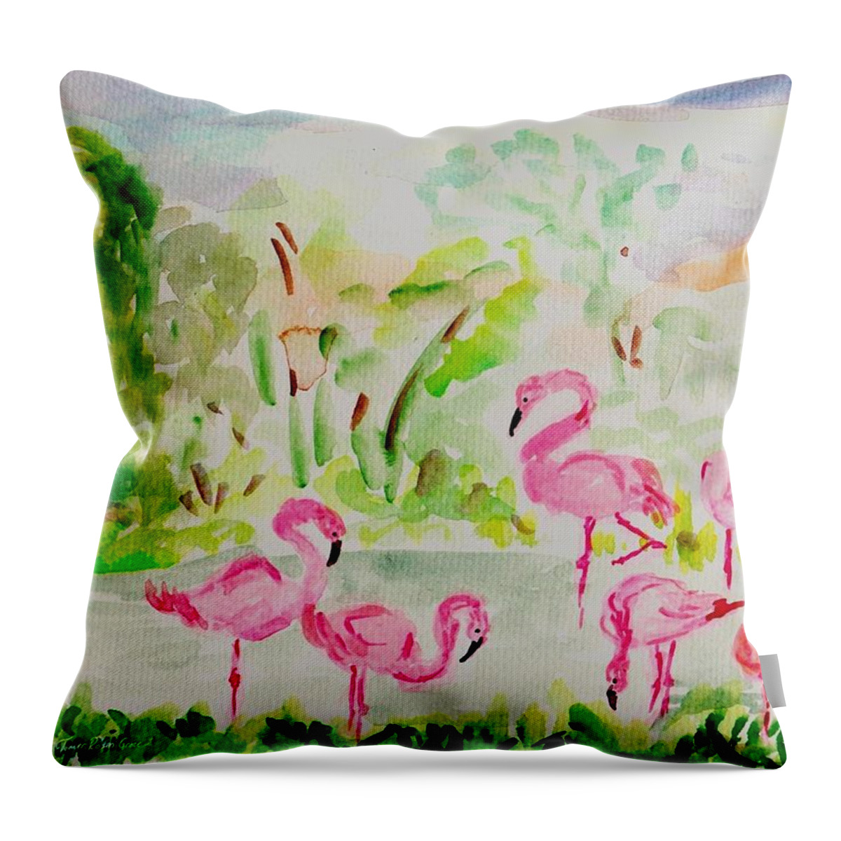 Flamingoes Throw Pillow featuring the painting Flamingoes in Pond by Tomer Rosen Grace