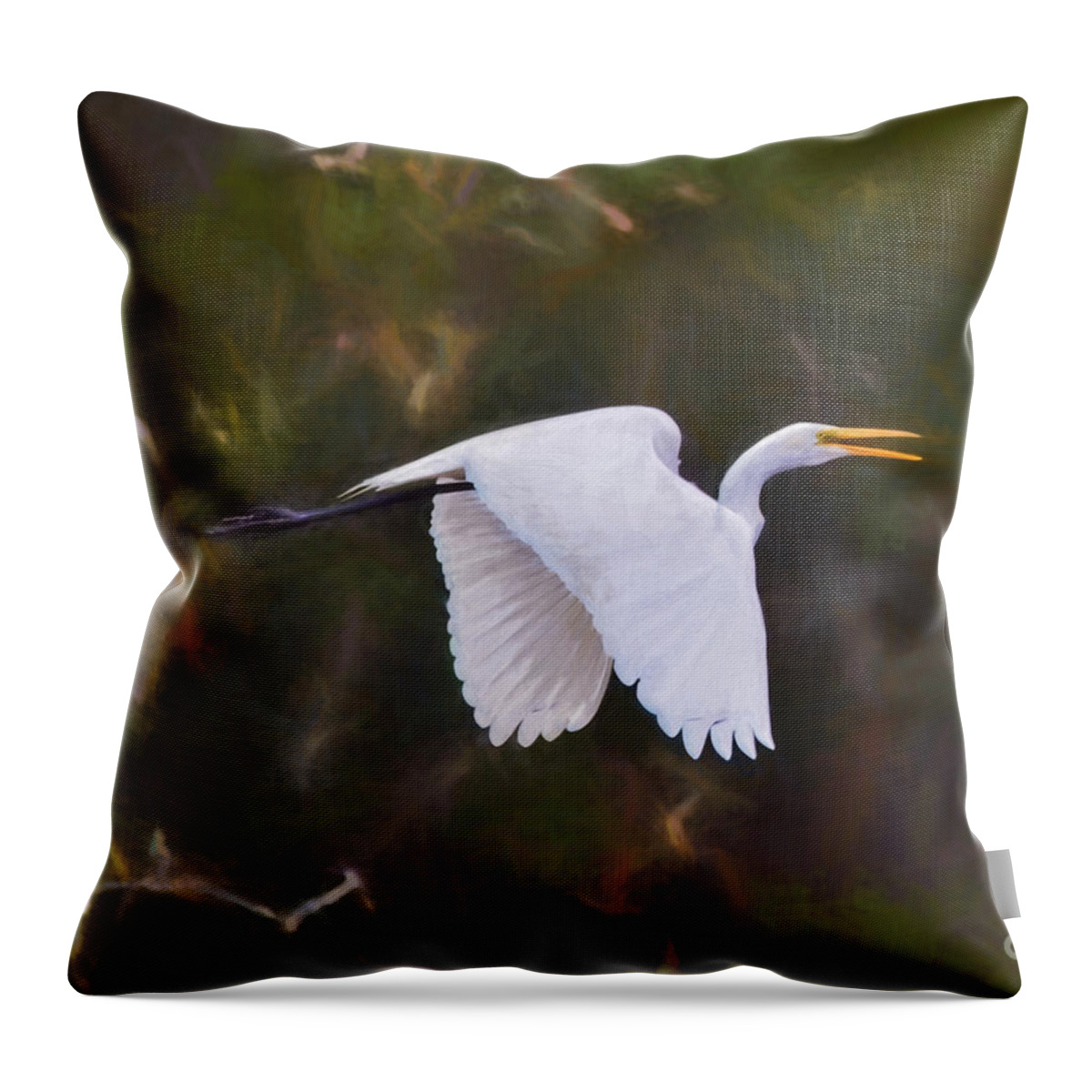 Egret Throw Pillow featuring the painting Flaps Down - Egret in Flight by Kerri Farley