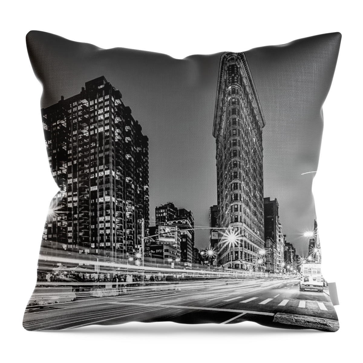 Flatiron Building Throw Pillow featuring the photograph Flatiron 5th Ave Clock NYC BW by Susan Candelario