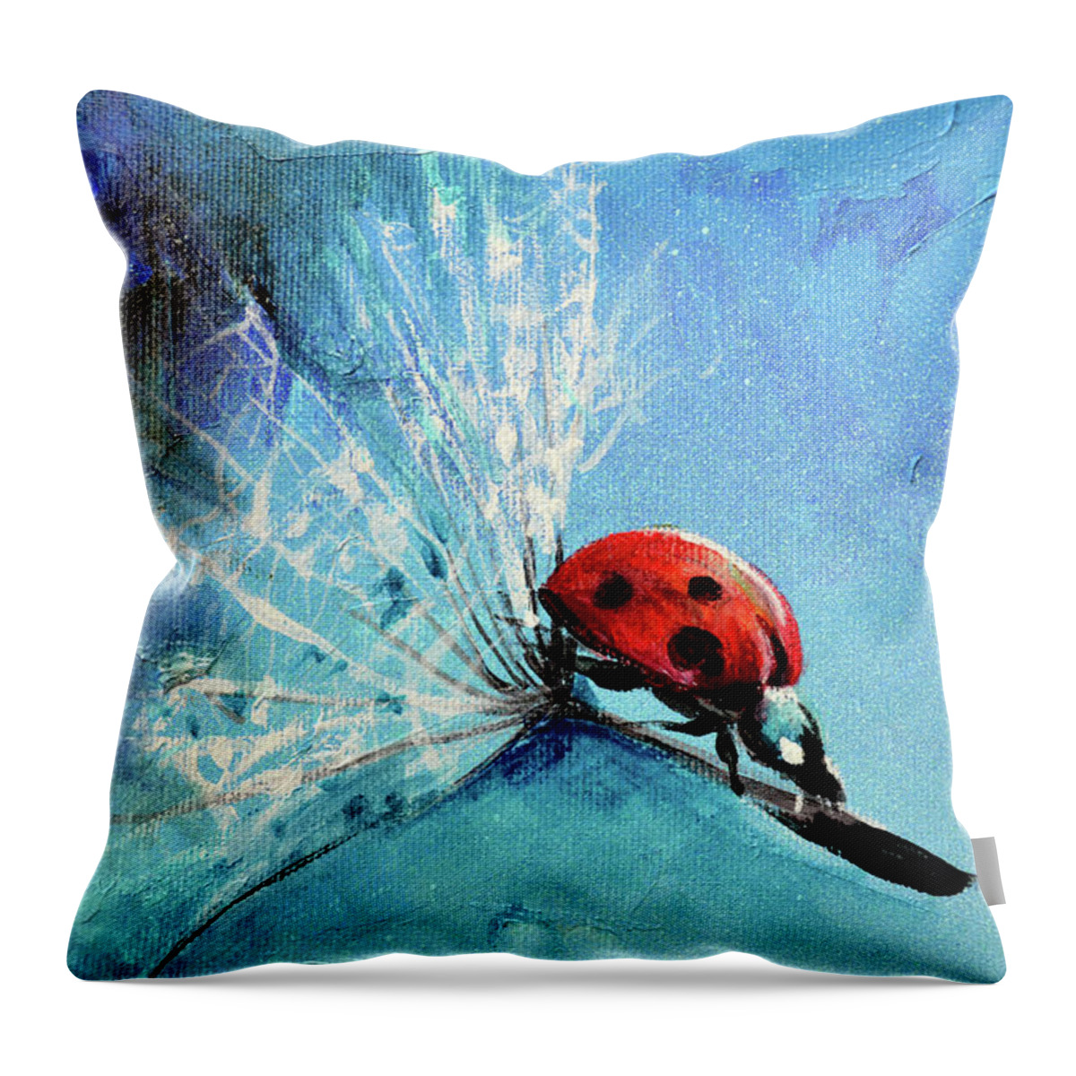 Ladybug Throw Pillow featuring the painting FLIRT - Ladybug on Dandelion Seed Painting by Soos Roxana Gabriela Art Print by Soos Roxana Gabriela