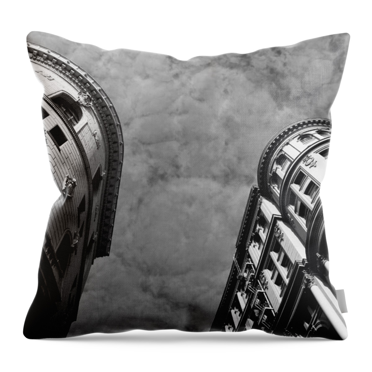 City Throw Pillow featuring the photograph Flood Building and Bank Building - San Francisco - Angled View - Black and White by Matt Quest
