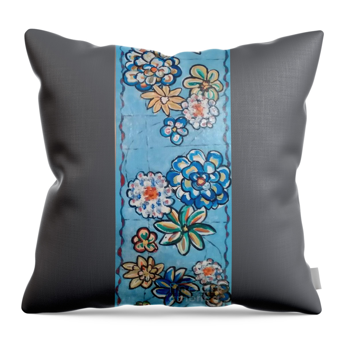Light Blue Throw Pillow featuring the painting Floor Cloth Blue Flowers by Judith Espinoza