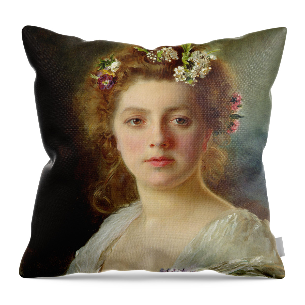 Female; Portrait; Flowers; Flower; Garland; Decollete; Beauty; Young; Rural; Tess; Hair; Regard; Staring; Woman; Gustave Jacquet Throw Pillow featuring the painting Flora by Gustave Jacquet
