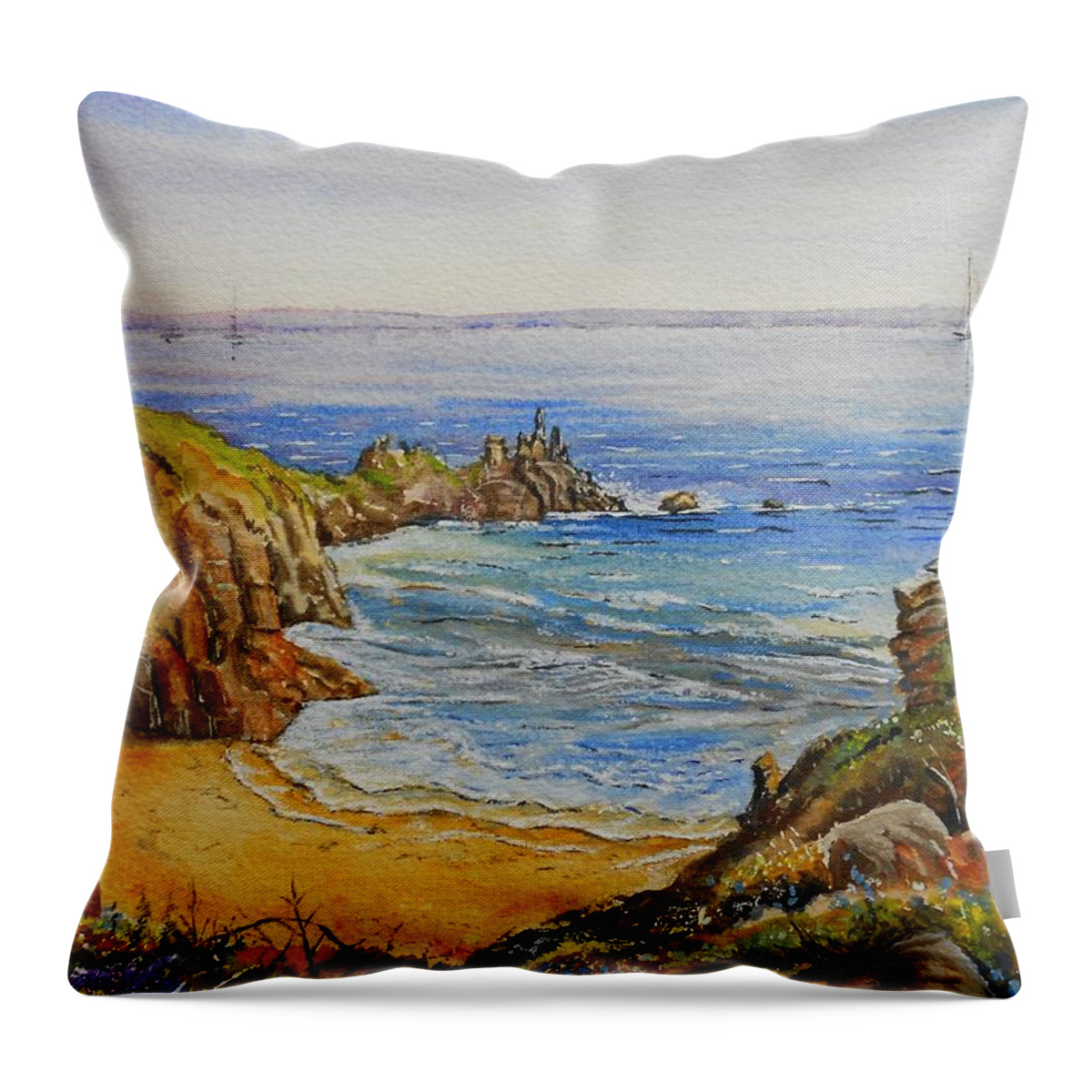 Seascape Throw Pillow featuring the painting Floral Cliffs by Andrew Read
