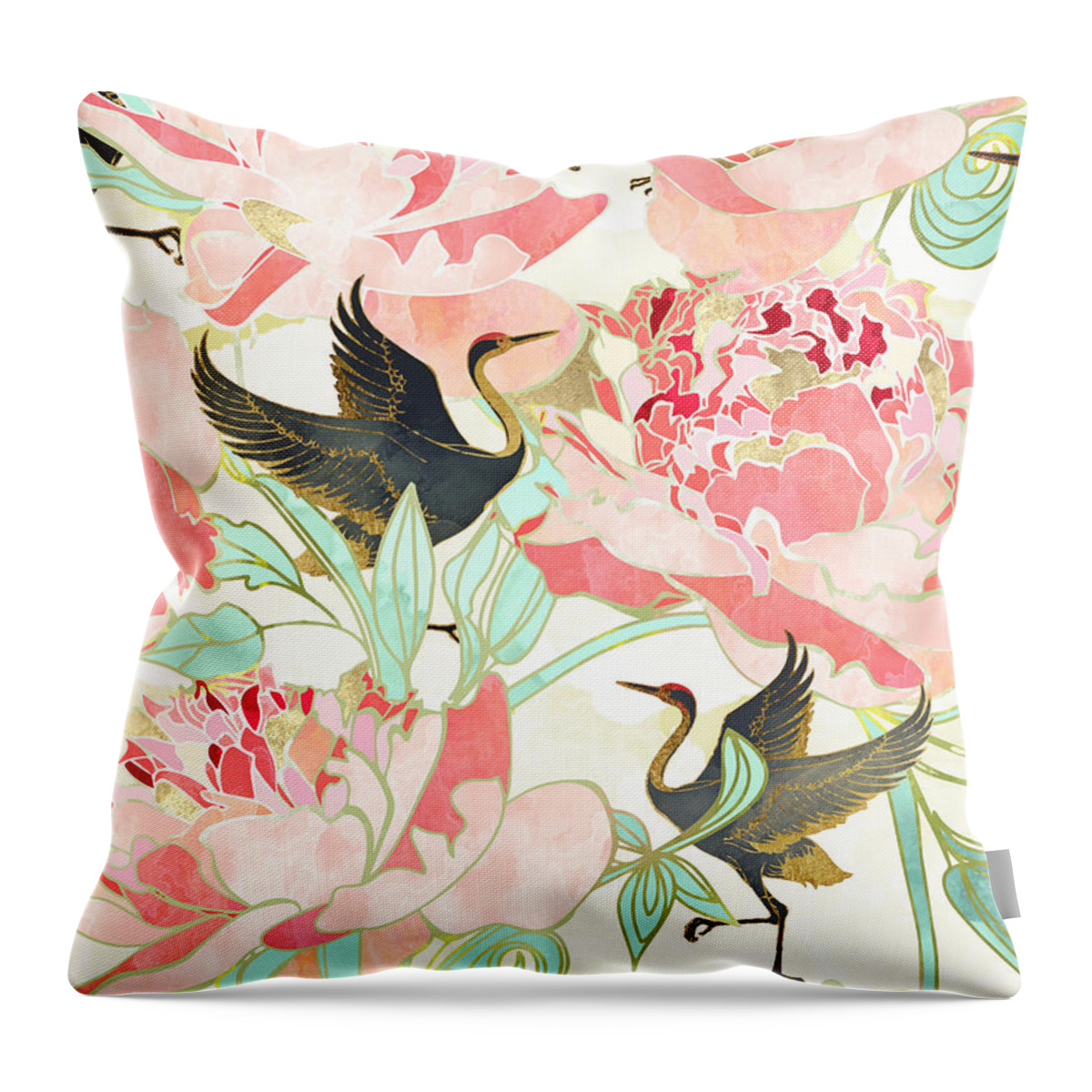 Floral Throw Pillow featuring the digital art Floral Cranes by Spacefrog Designs