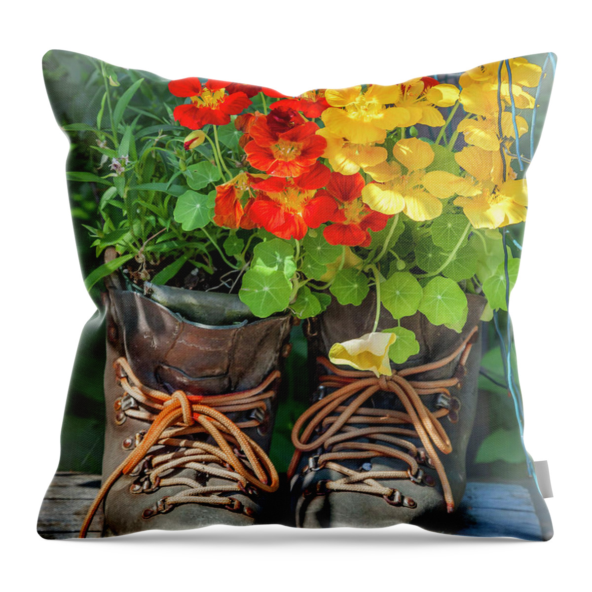 Markmilleart.com Throw Pillow featuring the photograph Flower Boots by Mark Mille