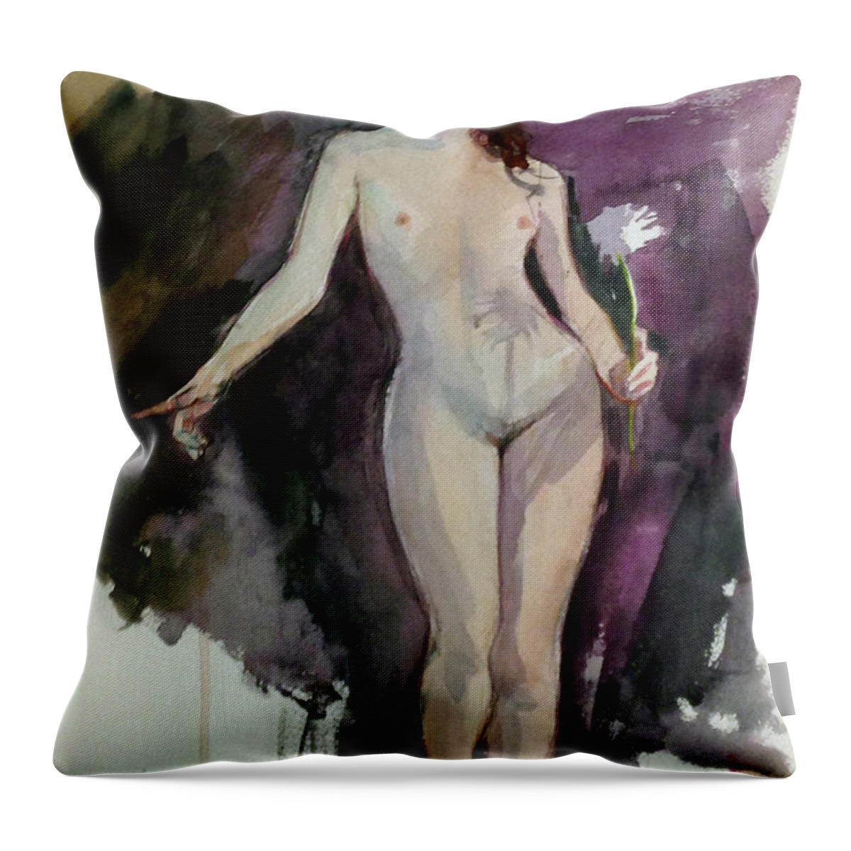 Watercolor Figureseated Nudenudesfigure Sketcheswatercolor Nudewoodland Streamfigure Paintingwatercolor Paintinglight And Shadownude Modelwatercolor Sketchlife Drawing Throw Pillow featuring the painting Flower Girl by Mark Lunde