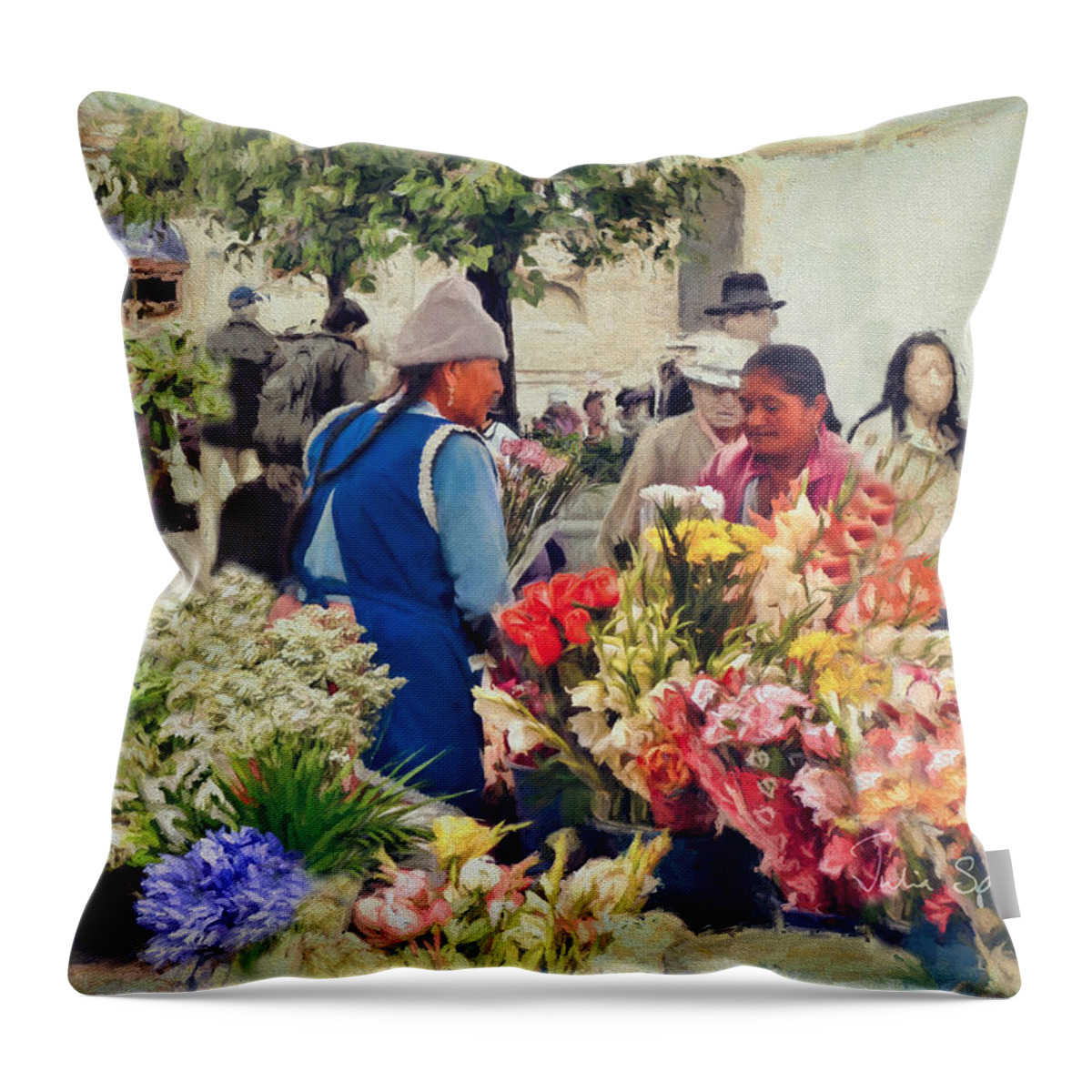 Julia Springer Throw Pillow featuring the photograph Flower Market - Cuenca - Ecuador by Julia Springer