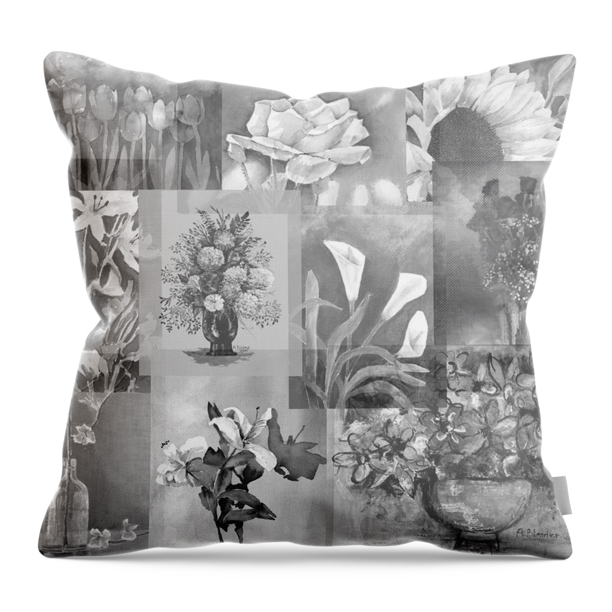 Flower Throw Pillow featuring the mixed media Flower Montage In Shades Of Gray by Arline Wagner