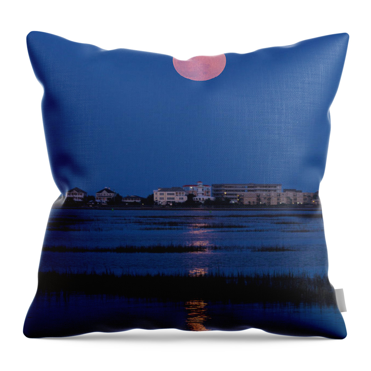 Moon Throw Pillow featuring the photograph Flower Moon Rising Over Murrells Inlet by Bill Barber