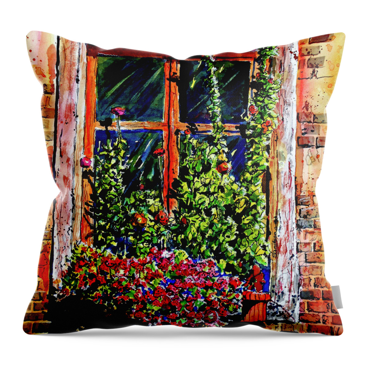 Window Throw Pillow featuring the painting Flower Window by Terry Banderas