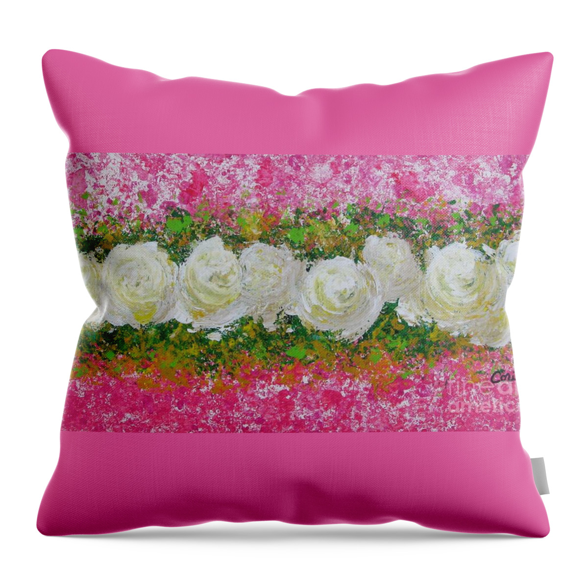 Flowerline Throw Pillow featuring the painting Flowerline in Pink and White by Corinne Carroll