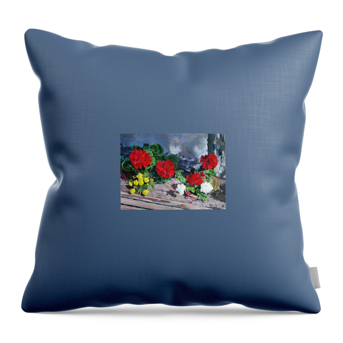 Colorful Flowers Outside Of The Church Throw Pillow featuring the painting Flowers At Church by Scott Robertson