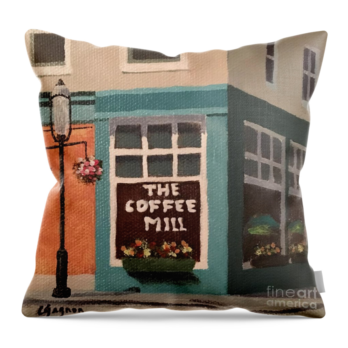 Lamp Post Throw Pillow featuring the painting Flowers at Coffee Mill Mini by Claire Gagnon