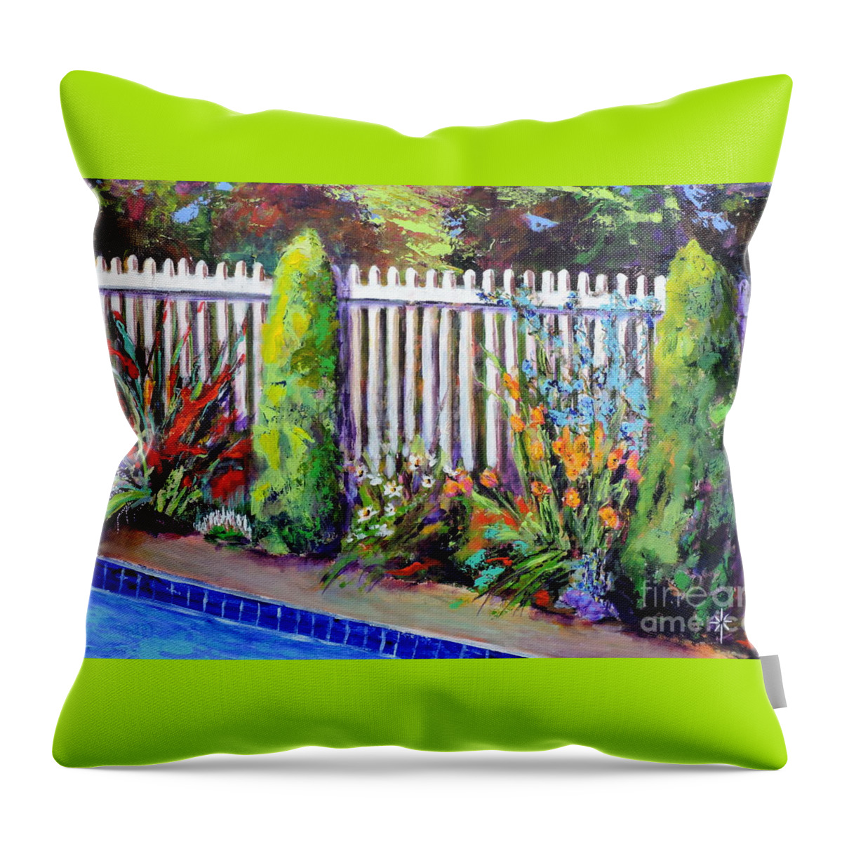 En Plein Air Throw Pillow featuring the painting Flowers By The Pool by Jodie Marie Anne Richardson Traugott     aka jm-ART