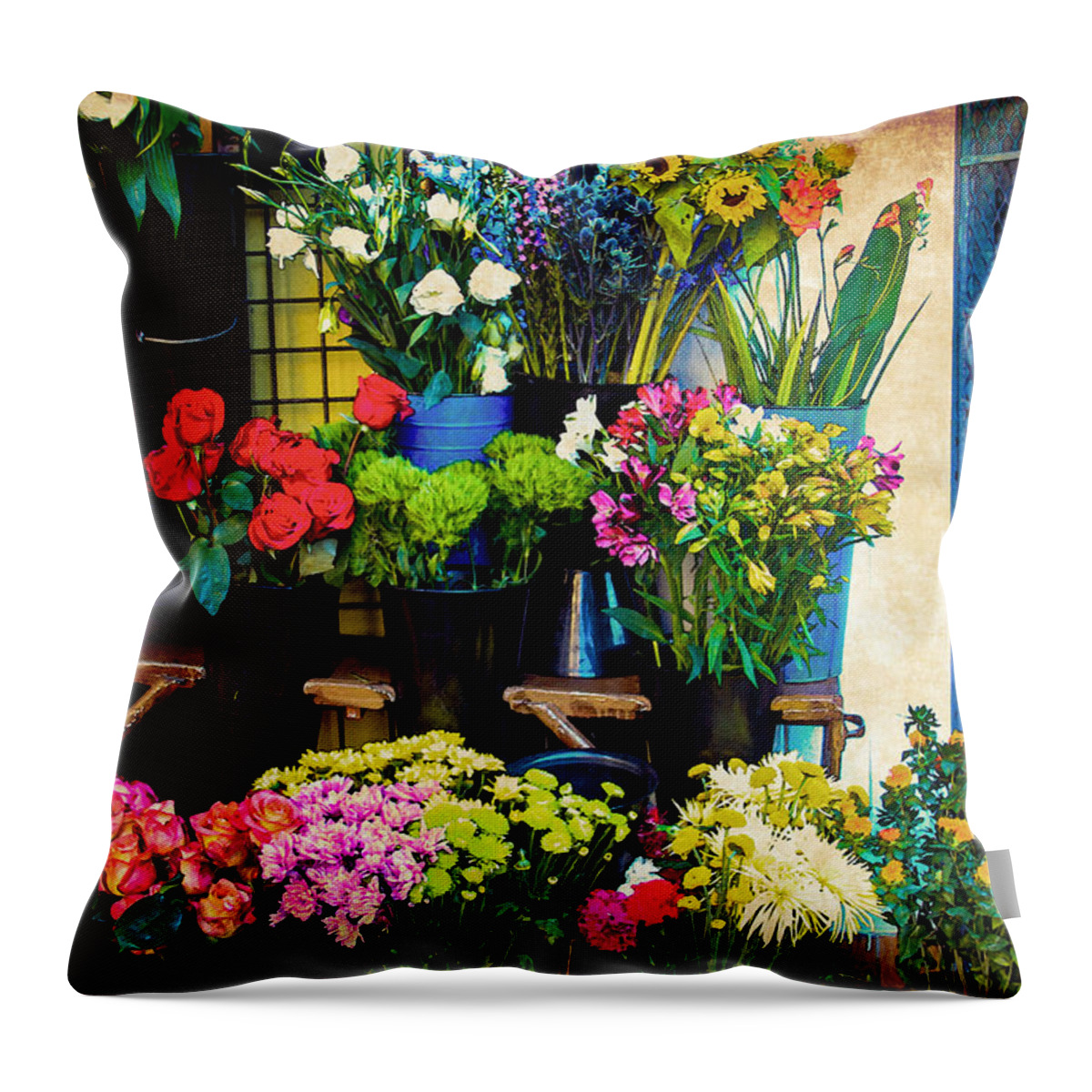 Bonnie Follett Throw Pillow featuring the photograph Flowers for Sale by Bonnie Follett
