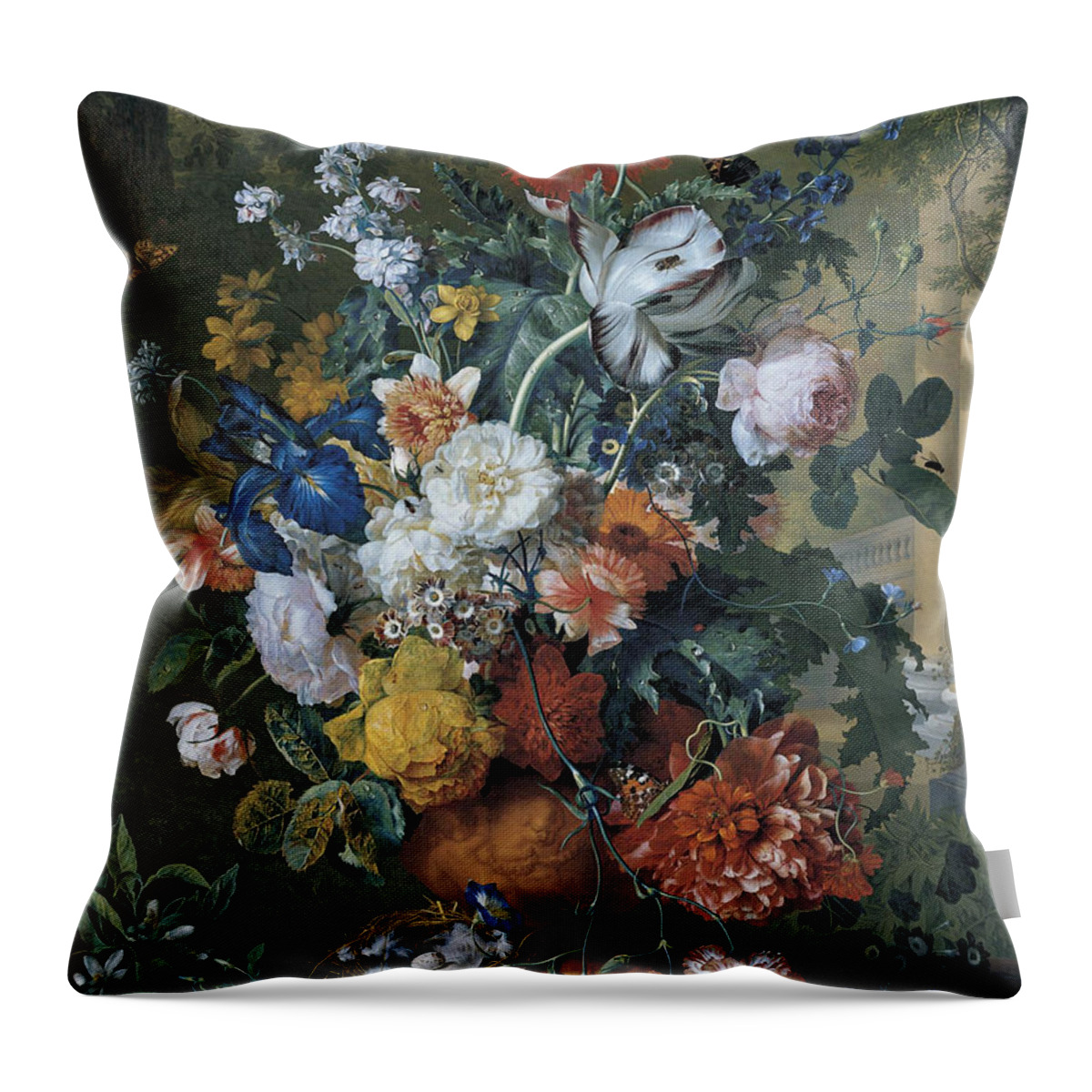 Jan Van Huysum Throw Pillow featuring the painting Flowers in a Terracotta Vase on a Marble Ledge by Jan van Huysum