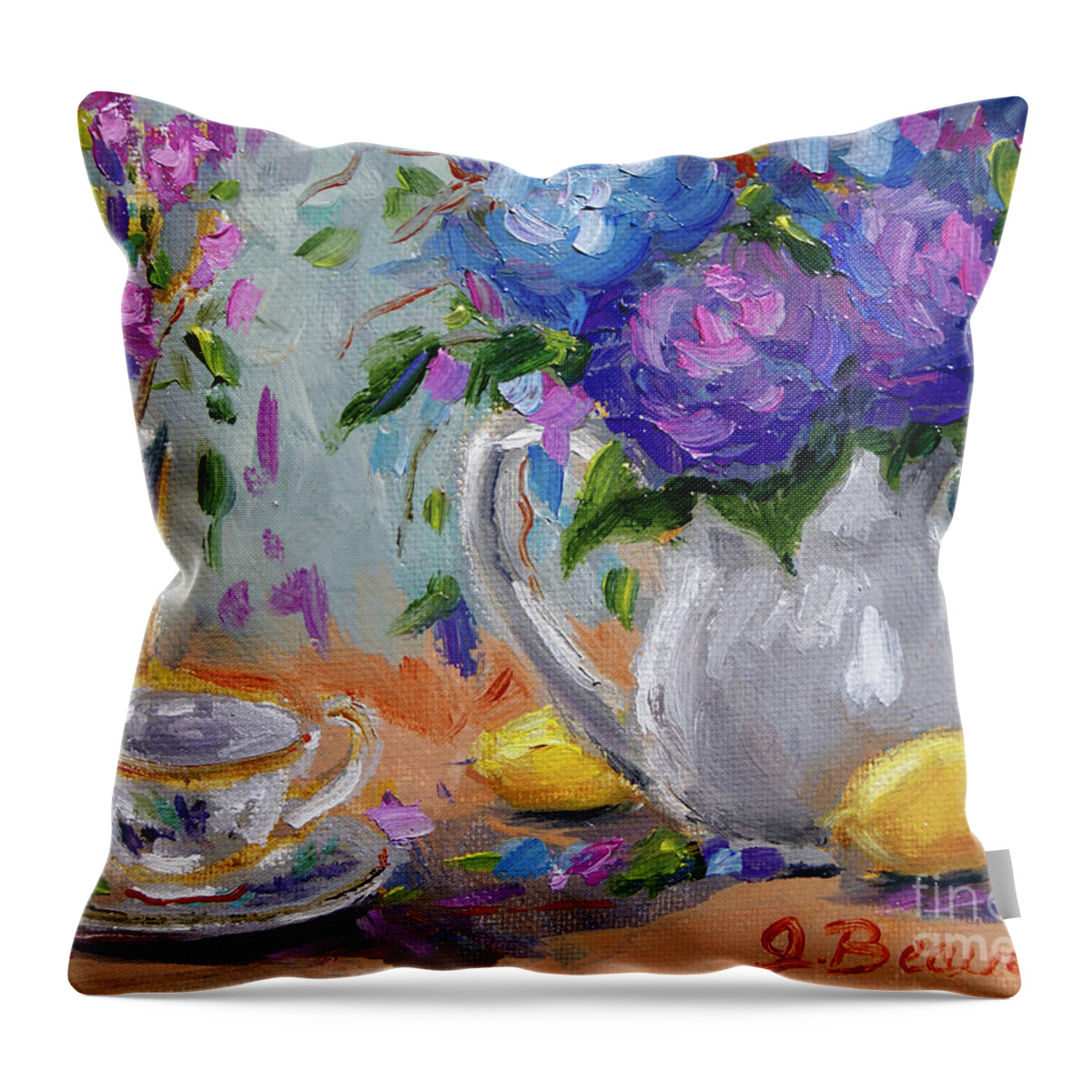  Throw Pillow featuring the painting Flowers Lemons by Jennifer Beaudet