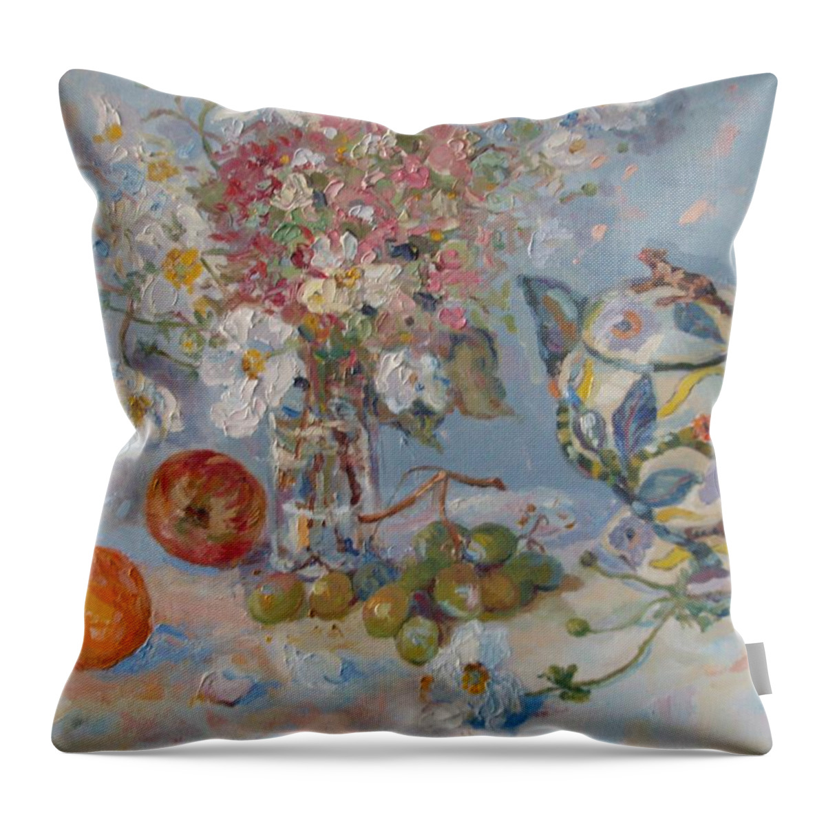 Still Life Throw Pillow featuring the painting Flowers with Tangerine and Ardmore Jar by Elinor Fletcher