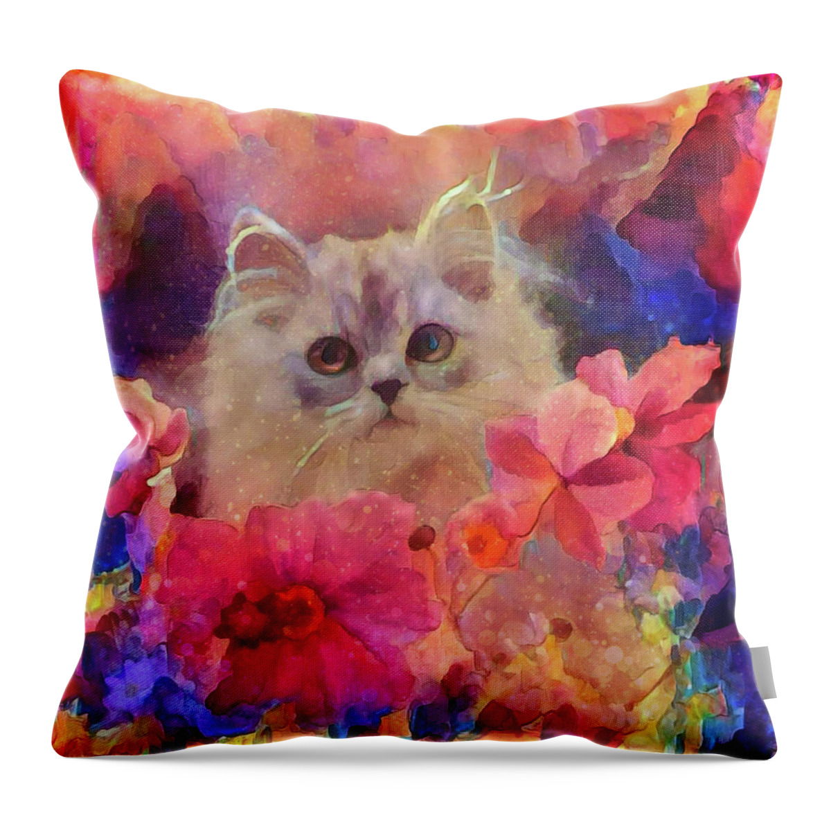 Flowery Kitty Throw Pillow featuring the mixed media Flowery Kitty by Lilia S