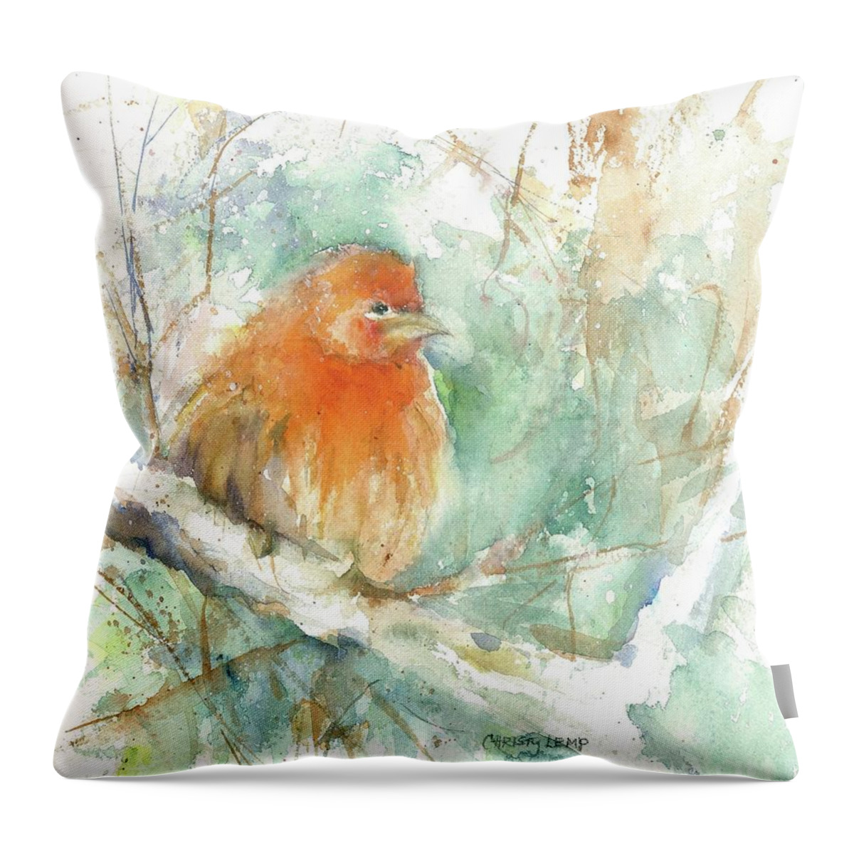 Bird Throw Pillow featuring the painting Fluffy Finch by Christy Lemp