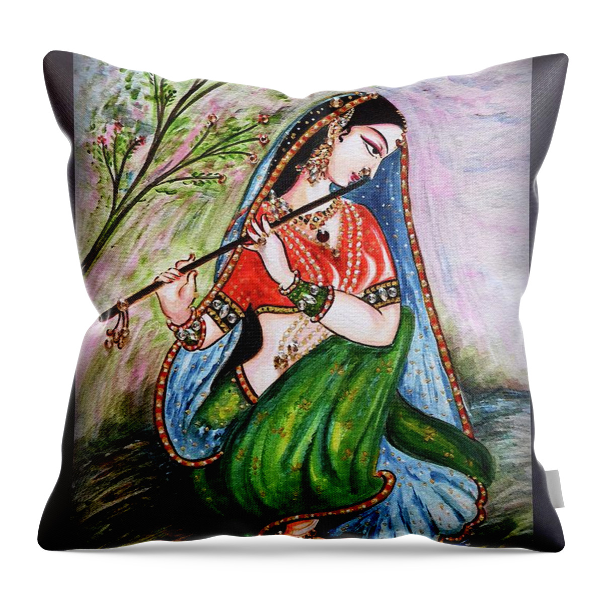 Radha Throw Pillow featuring the painting Flute playing in - Krishna Devotion by Harsh Malik