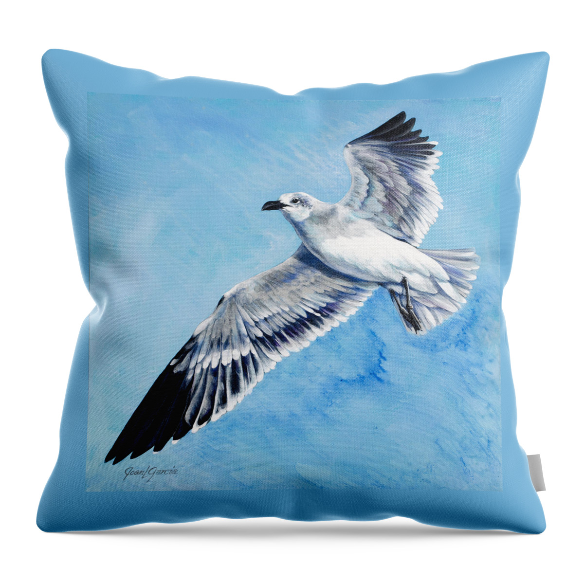 Seagull Throw Pillow featuring the painting Flying Gull by Joan Garcia