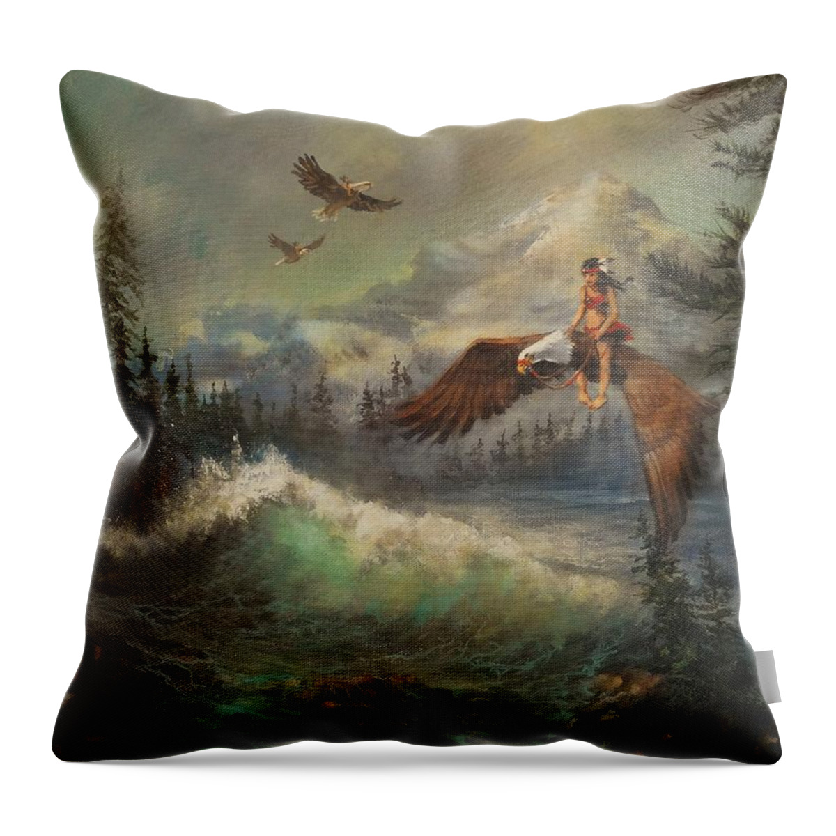 ; People Flying On Eagles Throw Pillow featuring the painting Flying On Eagles by Tom Shropshire