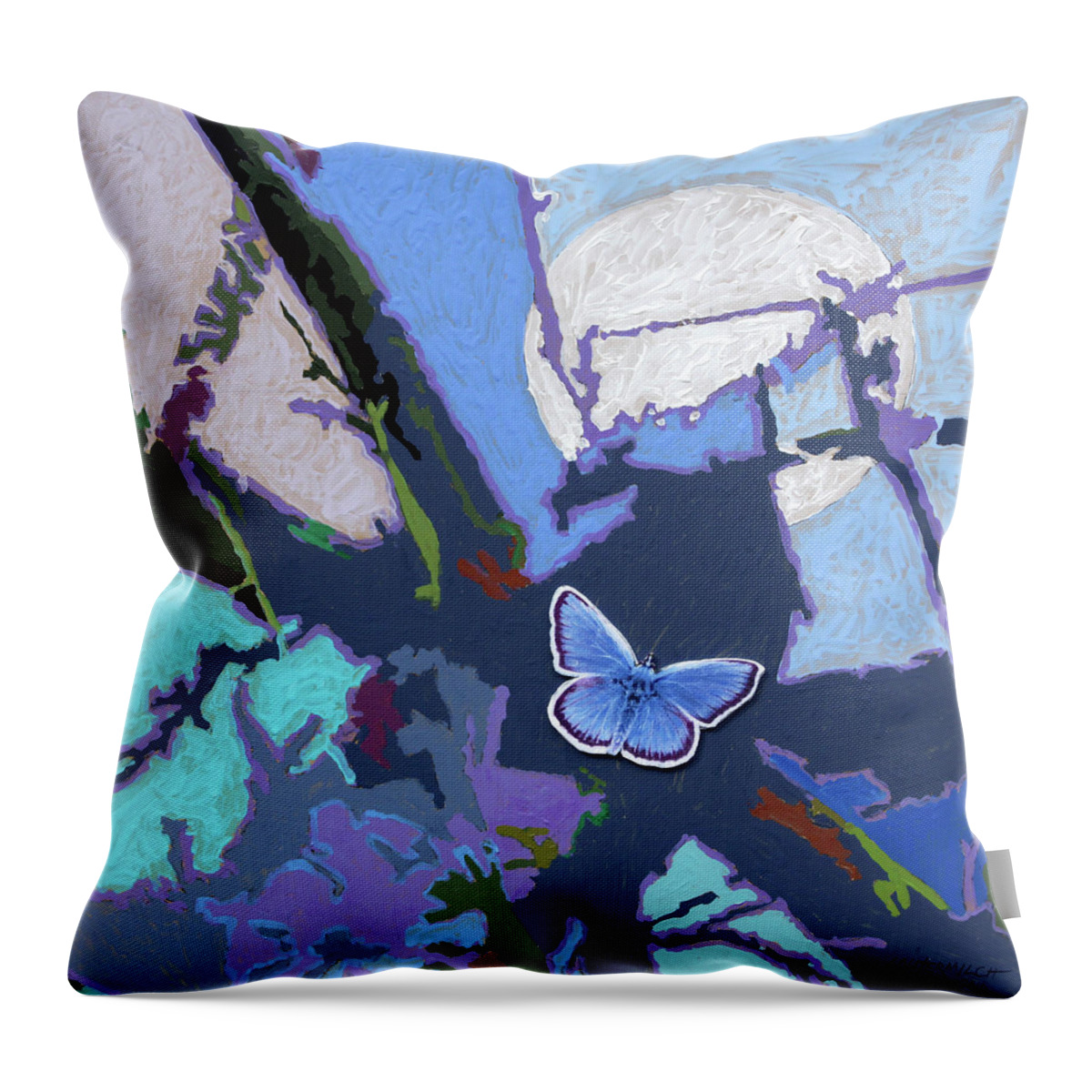 Moon Throw Pillow featuring the painting Flying Towards The Light by John Lautermilch