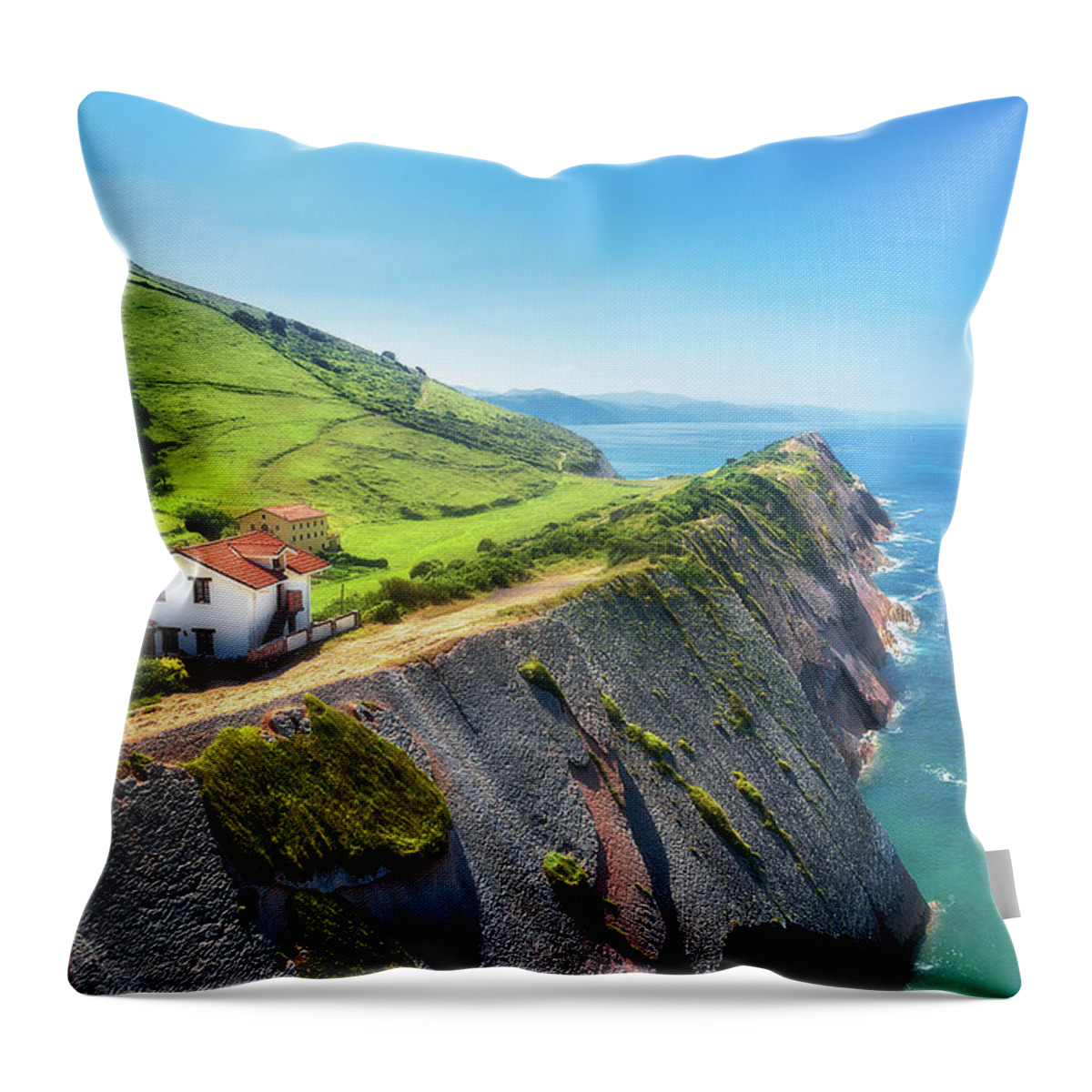 Flysch Throw Pillow featuring the photograph flysch in Zumaia coatline in Basque Country by Mikel Martinez de Osaba
